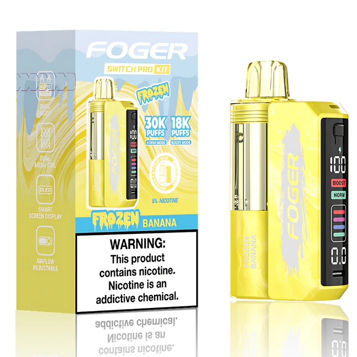 Foger Switch Pro Kit 30k Frozen Banana disposable vape kit box with creamy banana and icy flavor